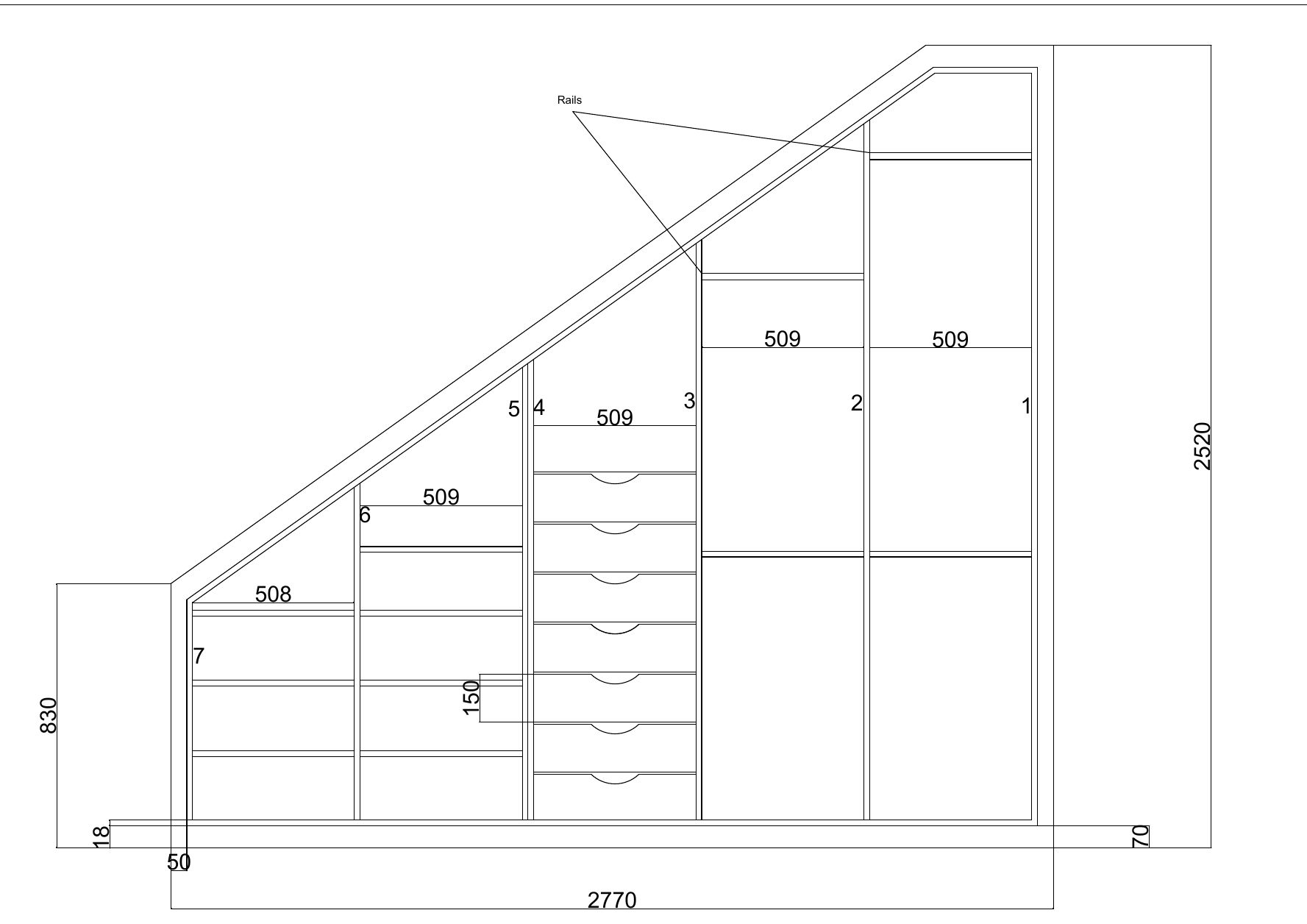 Fitted wardrobe joinery design under a sloped ceiling