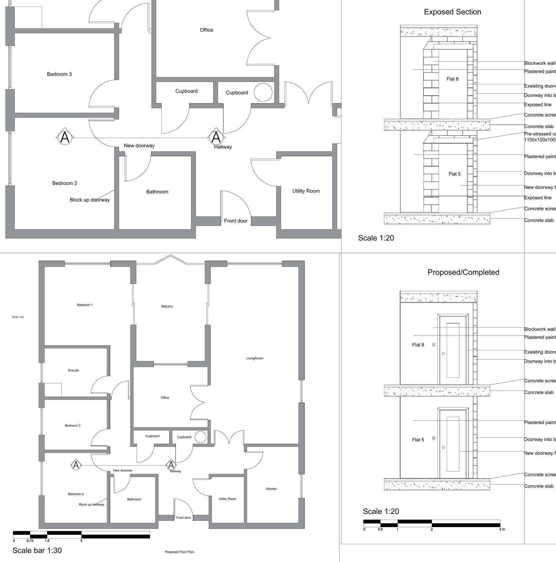Flat refurbishment floor plans and wall sections
