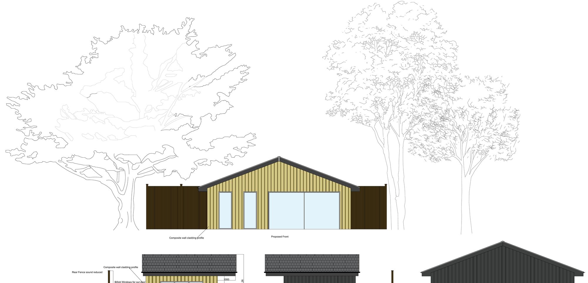 Proposed elevations of a timber-clad garden room with outdoor kitchen and bar, drawn in CAD