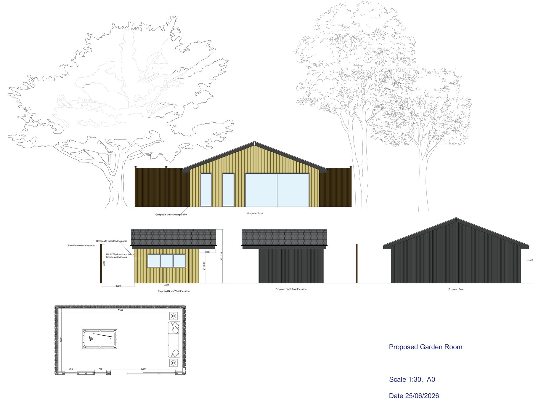 Garden room planning sheet with elevations and floor plan