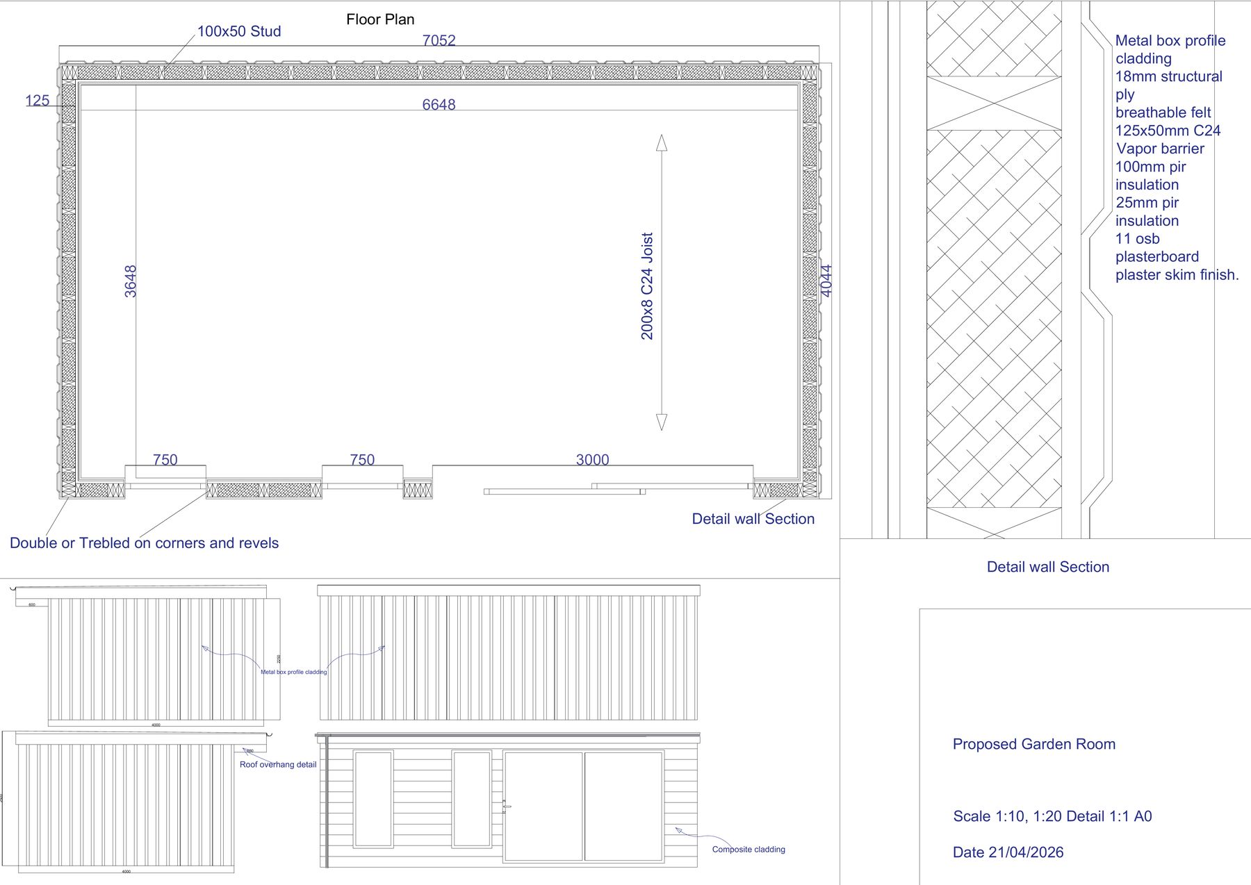 Garden room floor plan and wall section detail