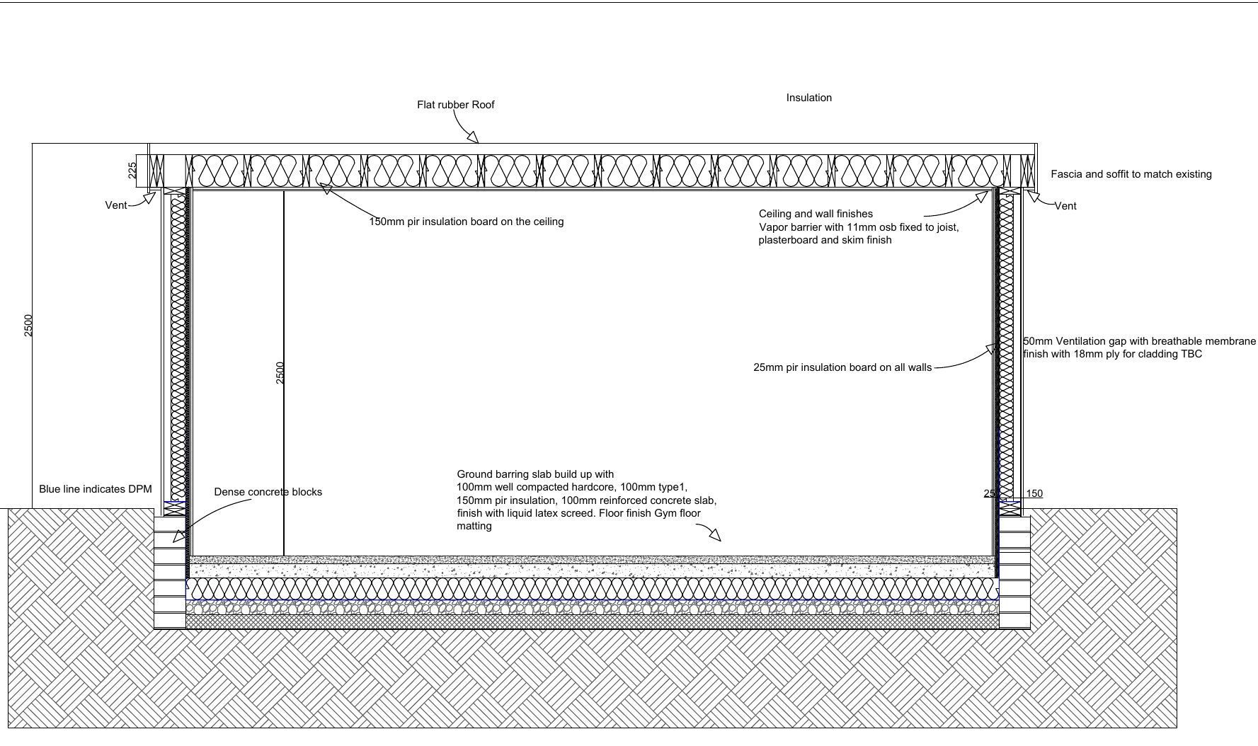 Building regs cross section of a garden gym