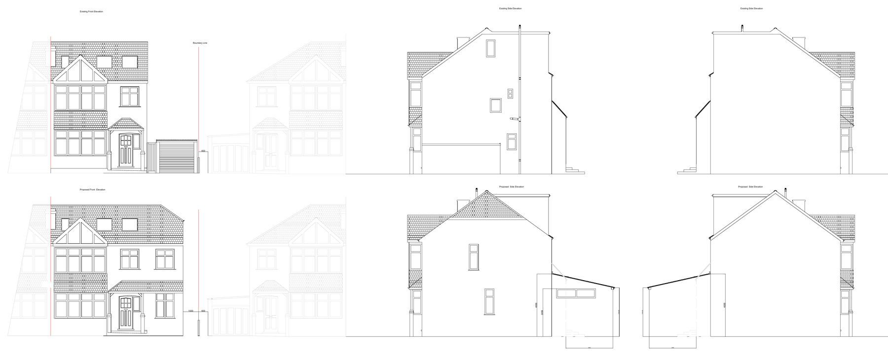 Existing and proposed elevations for a side extension