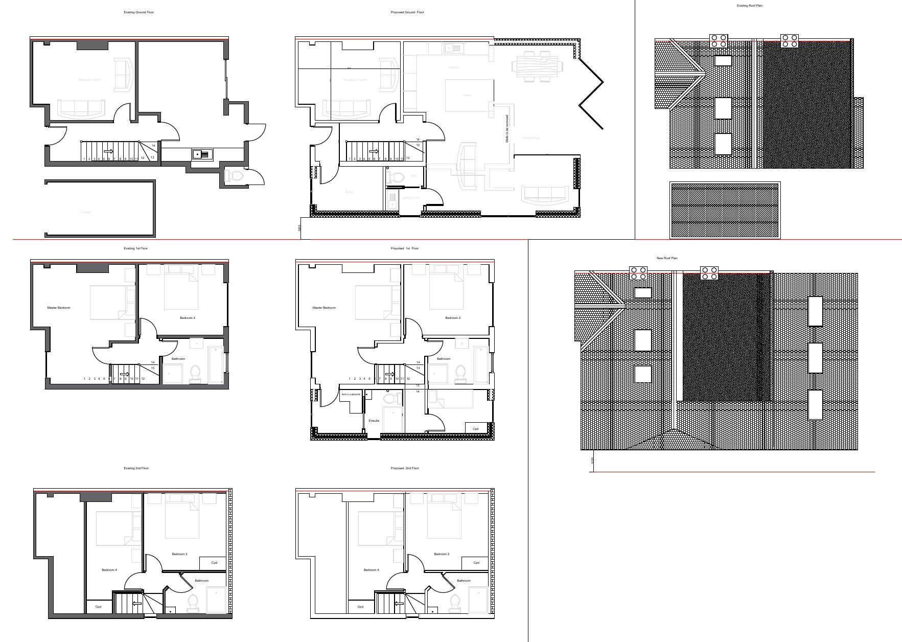 Existing and proposed floor and roof plans